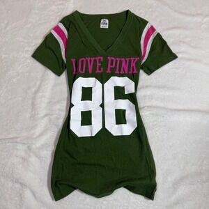 VTG Victoria's Secret PINK V-Neck Graphic T-Shirt Green 86 Varsity Stripe Small